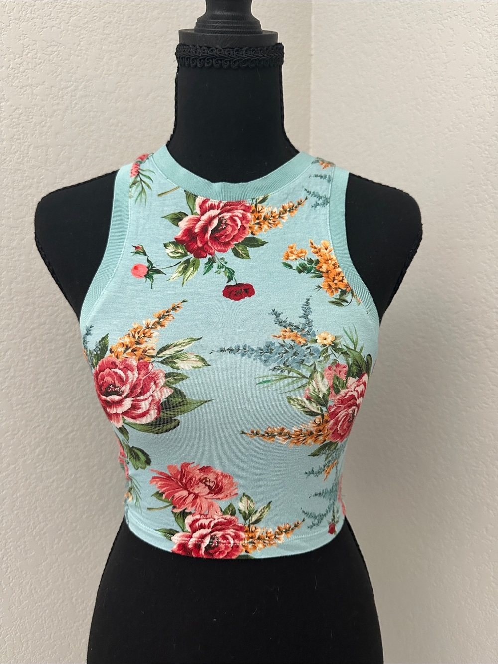 Alice + Olivia Mint Floral Ribbed High-Neck Crop